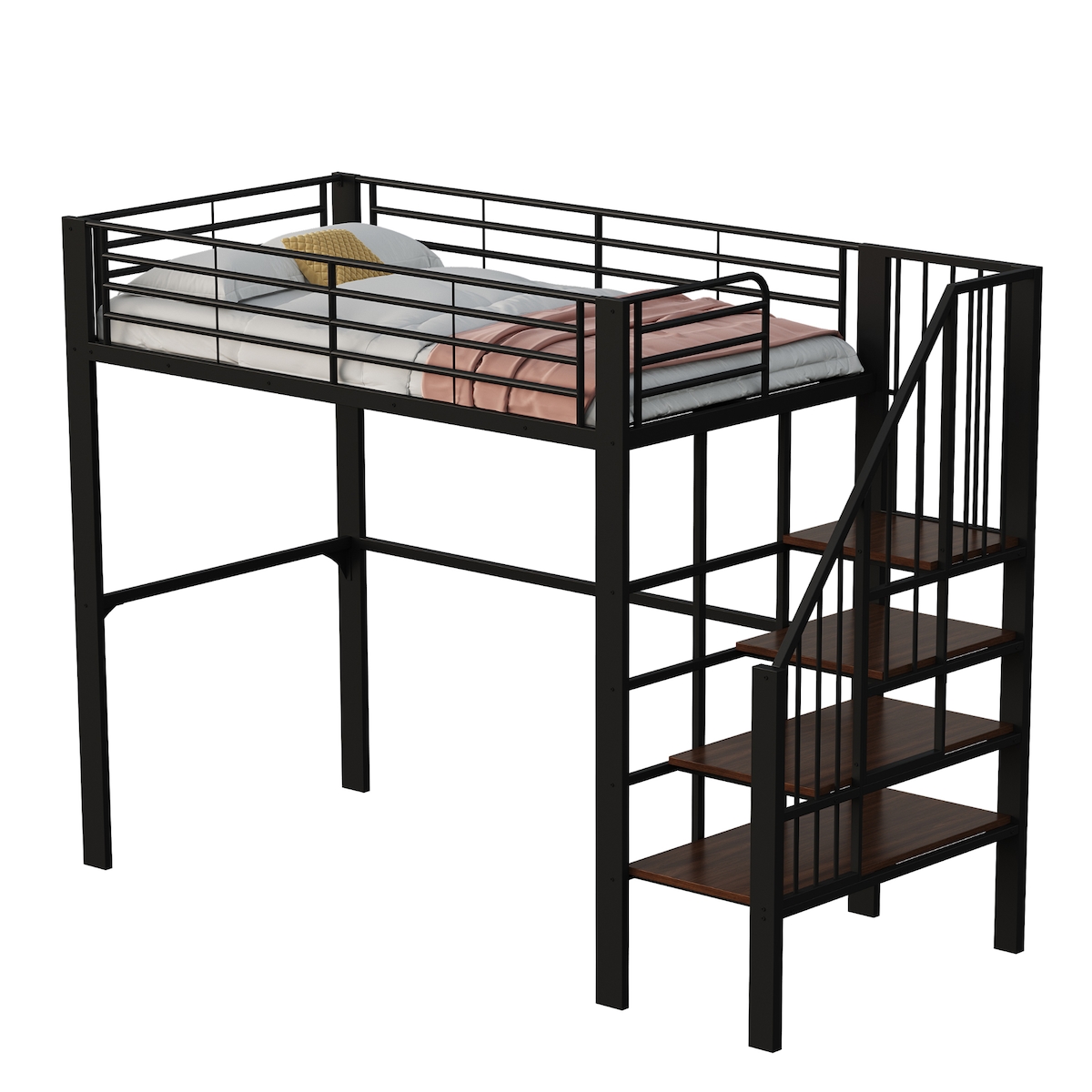 OKWISH Metall Hochbett 90x200 mit Treppe, stabiler Bettrahmen, platzsparendes Design, mit Stauraum unter dem Bett, modernes Schlafbett Schwarz Image
