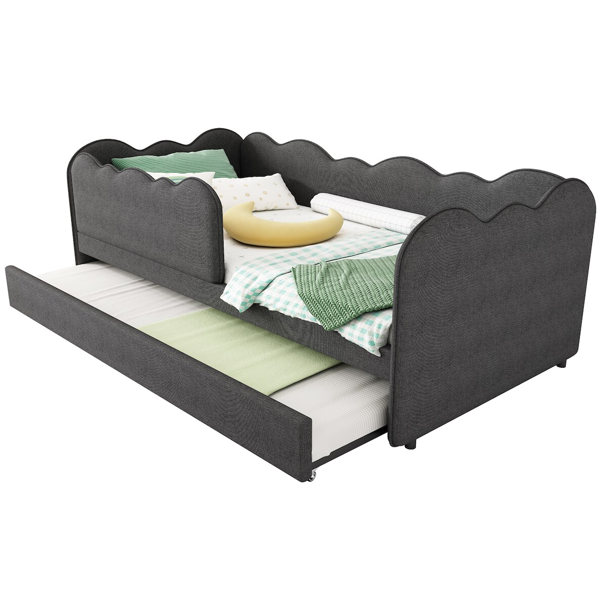 OKWISH Modernes Tagesbett mit Wolkenform und ausziehbarem Gästebett 90x200 cm, L-förmiger Bettrahmen, Komfortlehne, vielseitiger Stauraum Grau Image