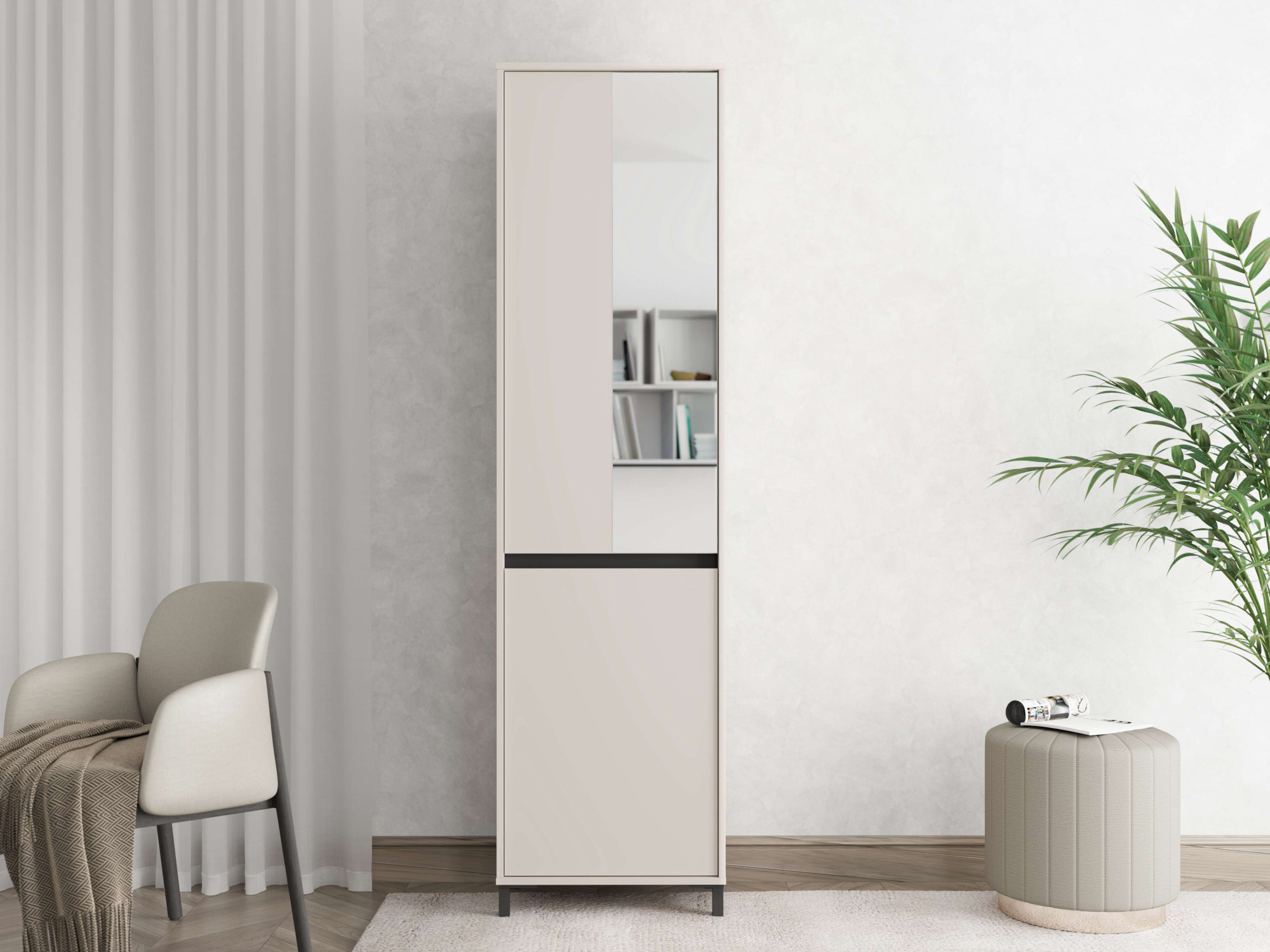 Garderobenschrank HOME AFFAIRE "Arran, Stauraumschrank, Flurschrank, ausziehbare Kleiderstange", kaschmir, B:54,5cm H:205,5cm T:40cm, Glas, MDF, Spanplatte, Schränke, Spiegeltür, zwei Regale. Gesamtbreite 54,5 cm Image