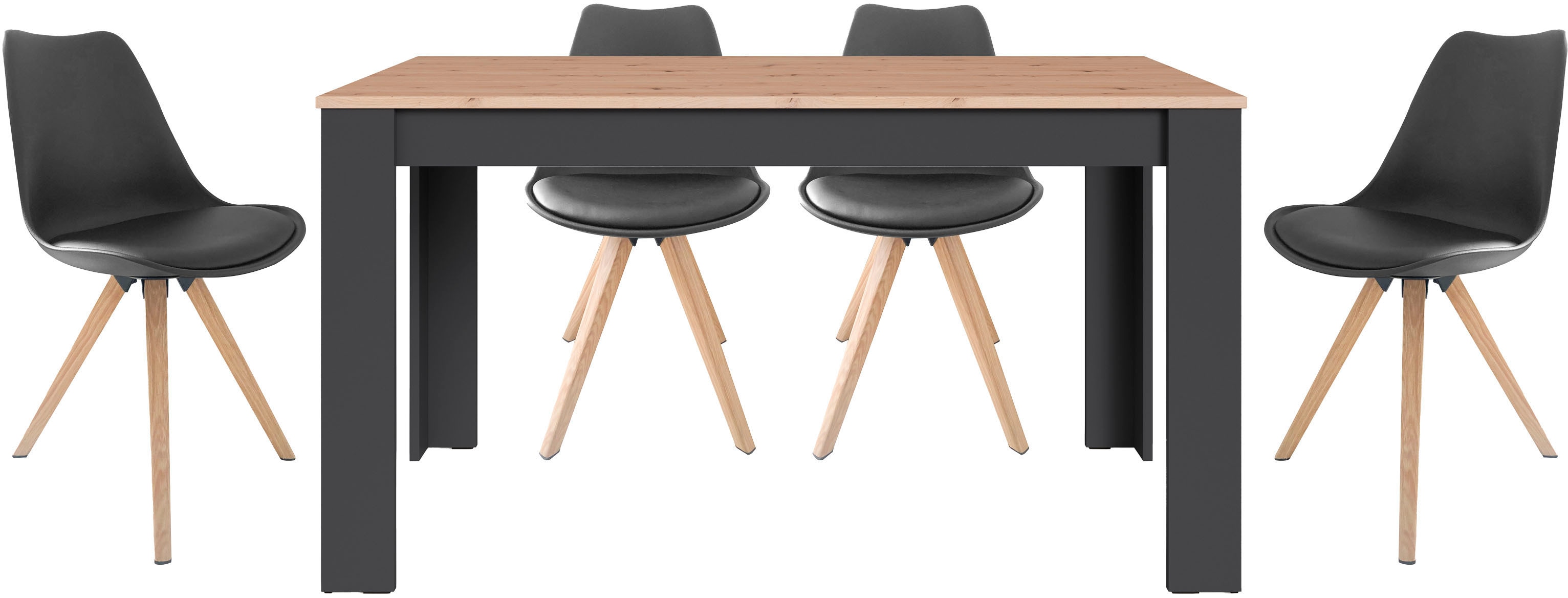 Essgruppe BYLIVING "Kira", artisan eiche, schwarz, schwarz, eichefarbig, B:140cm H:75cm T:80cm, FSC-zertifizierter Holzwerkstoff, Kunststoff, Metall, Sitzmöbel-Sets, modernes Set mit 4 Stühlen in mehreren Farben und Größen erhältlich Image