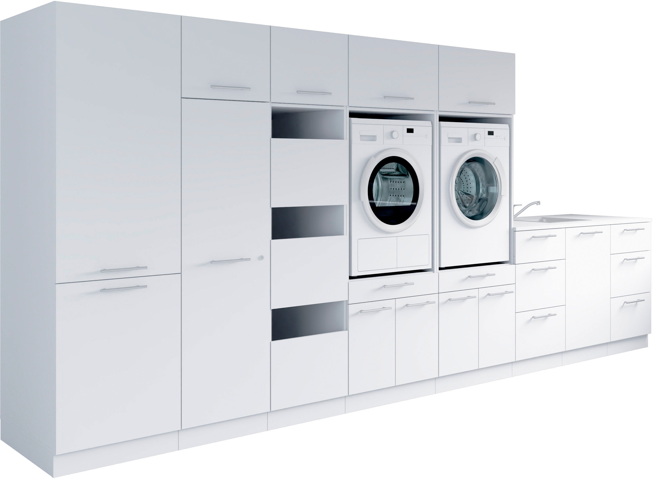 Mehrzweckschrank-Set LAUNDREEZY "Laundreezy, 12-tlg. Mehrzweckschrank-Set B/H/T 445/200/68 cm", weiß matt, B:445cm H:238cm T:68cm, Holzwerkstoff, Kastenmöbel-Sets, Breite 445 cm, Soft-Close-Funktion für Türen Image