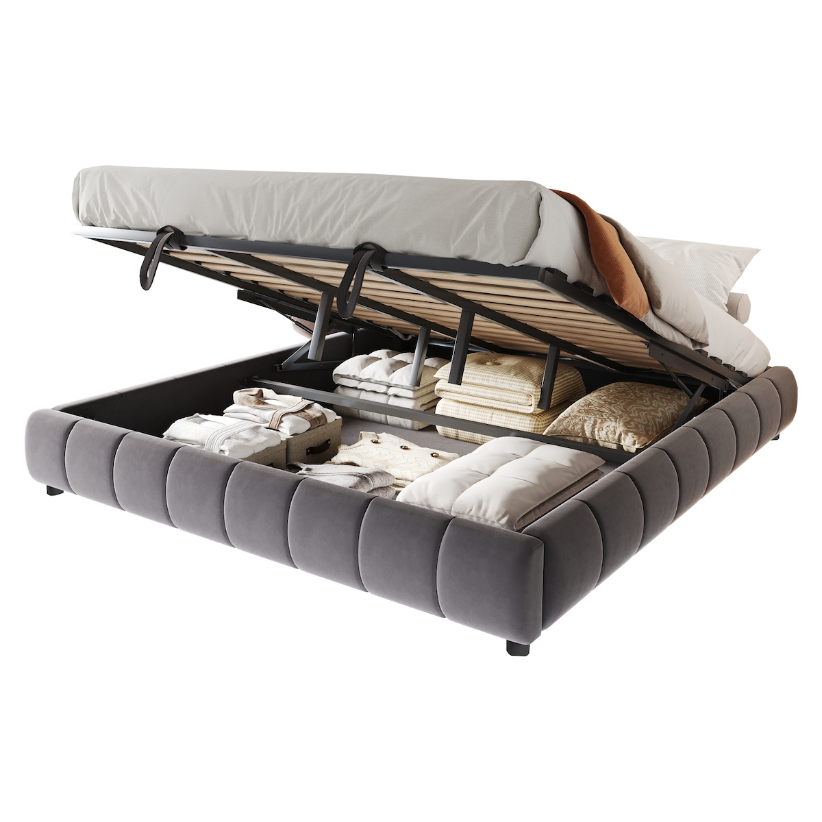OKWISH Polsterbett mit hydraulischer Stütze und LED-Lichtleiste, stabiler Metallrahmen, Stauraum unter dem Bett, für kleine Räume, 180x200 Grau, Samtstoff Image