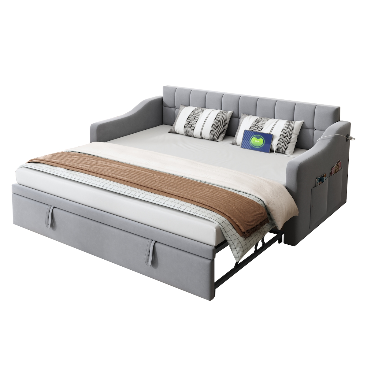 OKWISH Multifunktionales Schlafsofa 90x190 mit Ausziehmechanismus, USB-Ladeanschlüssen, stabilem Lattenrost für kleine Wohnungen und Gästezimmer Hellgrau Image