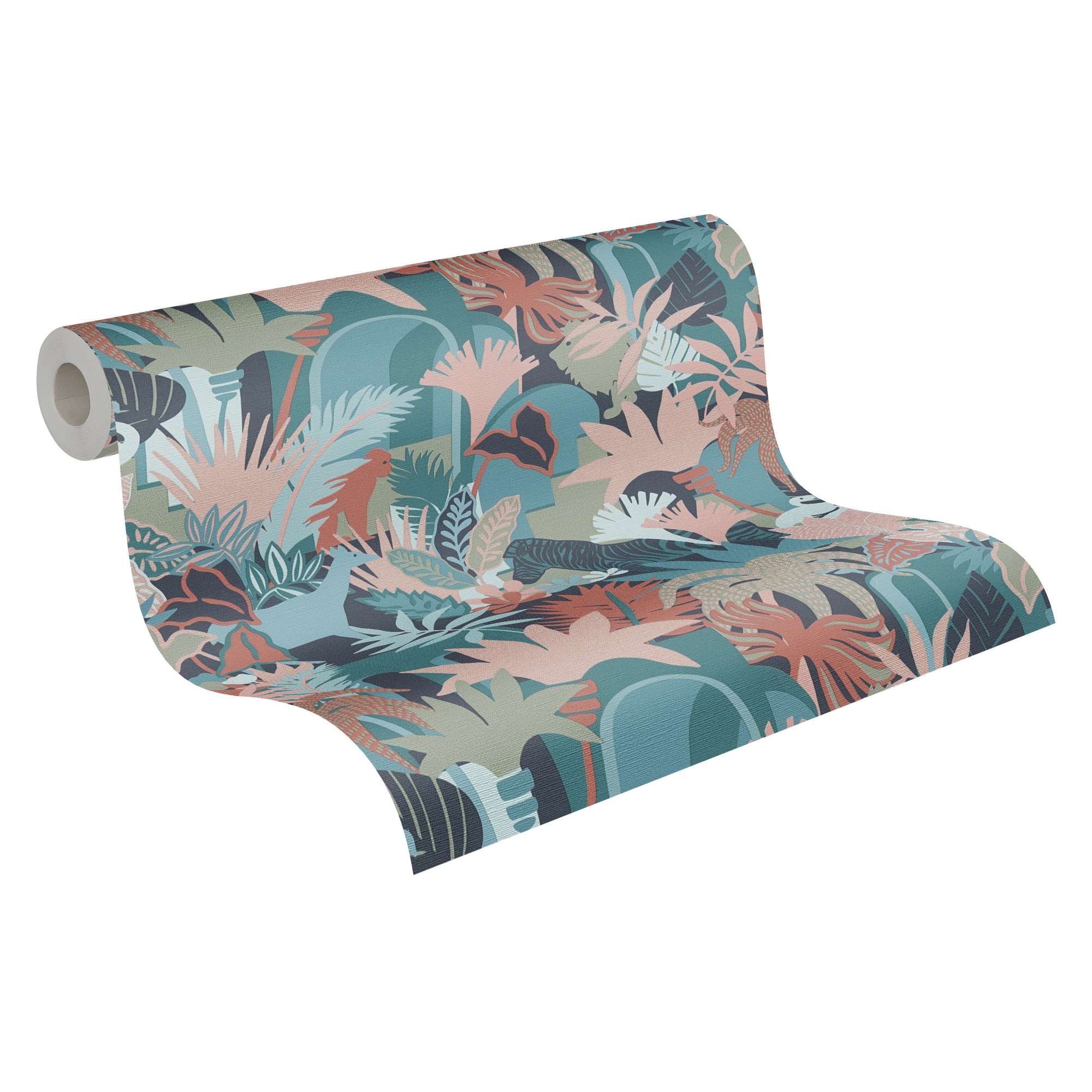 Vliestapete A.S. CRÉATION "Antigua Retrotapete Artdeco", bunt (bunt blau pink), B:0,53m H:0,01m L:10,05m, Vinyl, Vlies, Tapeten, Dschungeltapete Floral mit Tieren Tapeten Wohnzimmer Schlafzimmer Flur