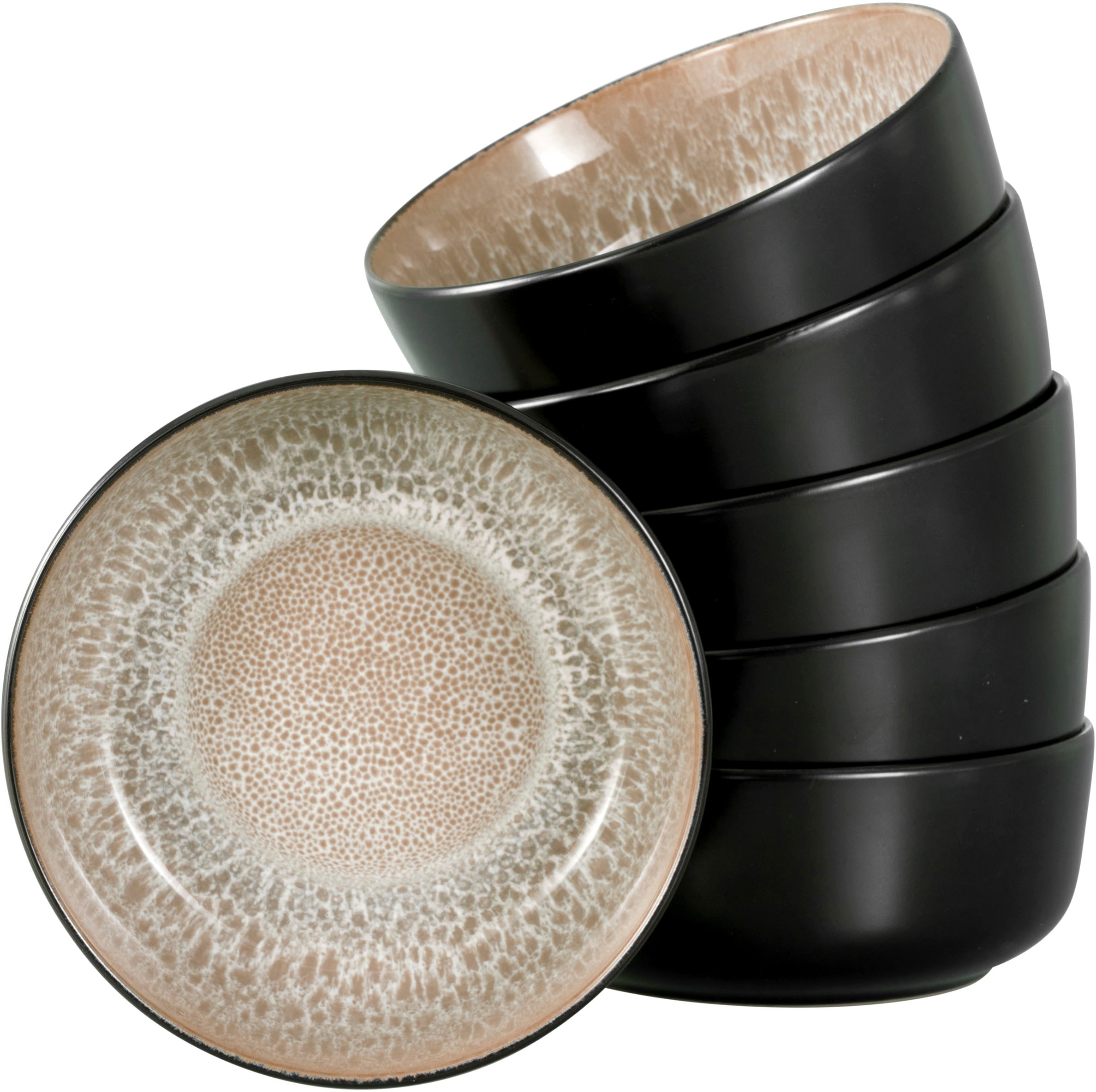 Müslischale MY HOME "modernes Schüssel-Set Nydala, Geschirr-Set, Bowl", beige (schwarz, beige), H:6cm Ø:15cm, Steinzeug, Schüsseln, hohe Haltbarkeit, spülmaschinen- & mikrowellengeeignet, Reaktivglasur