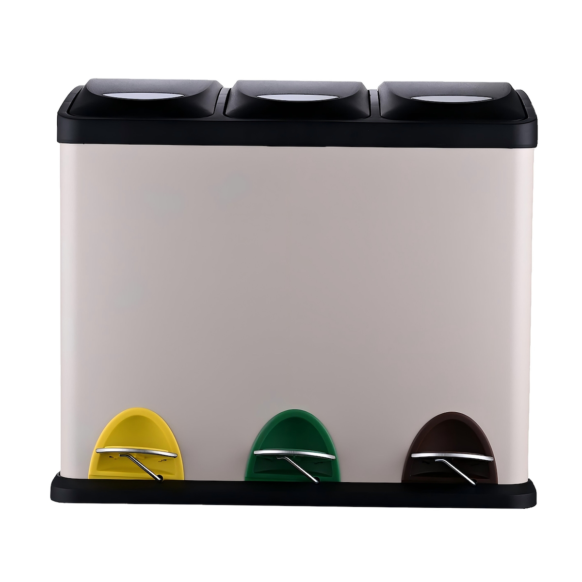 Relaxdays Mülleimer, 3 Fächer, 24 L, Fußpedal, Inneneimer, Mülltrenner Küche, HBT: 39,5 x 46 x 26,5 cm, Eisen, beige Image