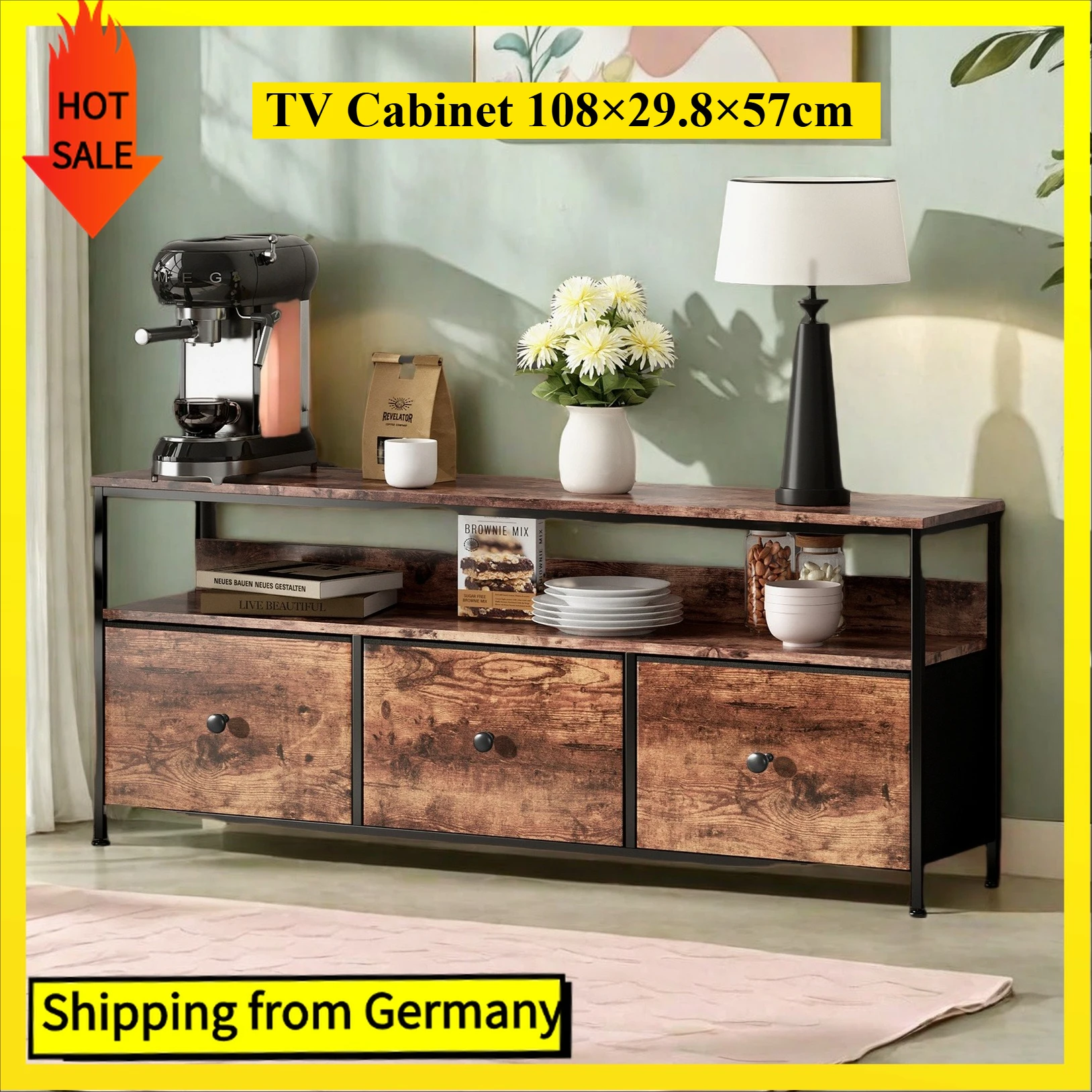 Comanlai Meuble TV vintage 108 cm avec 3 tiroirs en tissu et lumières LED, meuble de rangement pour salon, meuble TV 108 × 29,8 × 57 cm