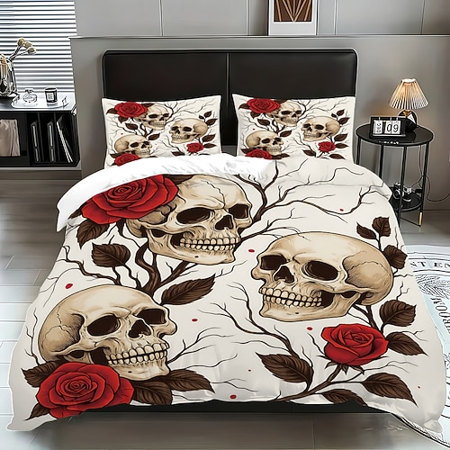 3-teiliges Daunenbettbezug-Set mit Totenkopf-Rosenblüte für Queensize-Betten, weicher kurzer Bettbezug mit 2 Kissenbezügen – Luxusbettwäsche für Hotelschlafzimmer, gemütlich komfortabel Image