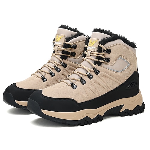 Beige und schwarze wasserdichte Wanderstiefel für Herren mit rutschfester Laufsohle und warmem Futter, Outdoor-Trekkingstiefel für Wintercamping und Bergabenteuer Image
