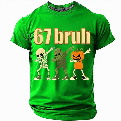 Lustiges '67 Bruh' Herren Kurzarm Rundhals T-Shirt Skelett Zombie Kürbis Dabbing Grafik T-Shirt Image