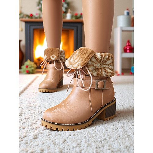 Rosafarbene, pelzgefütterte Schnürstiefel für Damen – gemütliche Winterstiefel mit klobigem Absatz und halbhoher Wadenhöhe für Schnee, Reisen und Alltagsoutfits Image