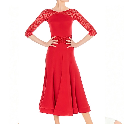 Damen-Ballsaal-Tanzkleid aus Spitze mit halben Ärmeln, Walzer, Tango, Foxtrott, Wettkampf-Auftrittsübungskleid – Rot Image