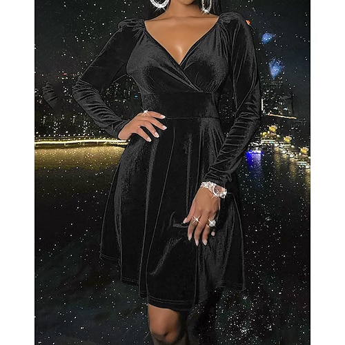 Damen Minikleid Satinkleid Weihnachtskleid Partykleid Cocktailkleid Mode Modern Abendgesellschaft Party Weihnachten Normale Passform Einfach Langarm V Ausschnitt Blau Schwarz Rote Grün Herbst Winter Image