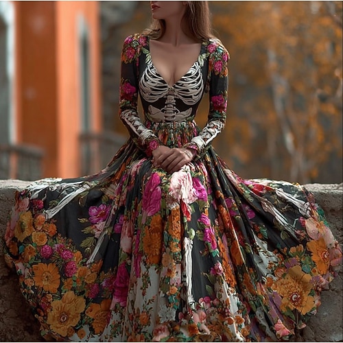 Damen Maxikleid Plissiertes Kleid Boho Party Date Ausgehen Regulärer Schnitt Totenkopf Langarm V-Ausschnitt Schwarz Wein Herbst Winter Image