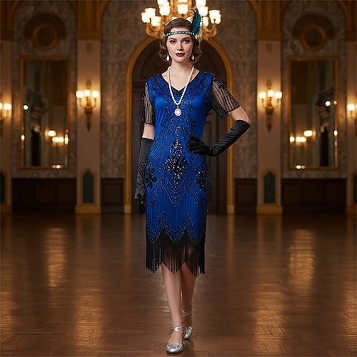 Set Retro Vintage Goldene Zwanziger 1920er Knielang Flapper Kleid Cocktailkleid Ausgefallene Kostüme mit Zubehör Kurze Ärmel Der große Gatsby Flapper-Mädchen Pailletten Quastenfransen V Ausschnitt Image