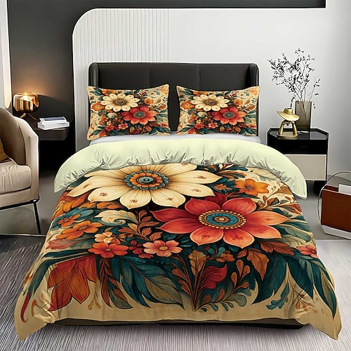 3-teiliges Daunenbettbezug-Set mit Retro-3D-Blumendruck für Queensize-Betten, weicher, kurzer Plüsch-Bettbezug mit 2 Kissenbezügen – gemütliche Bettwäsche für Hotelzimmer komfortabel Image