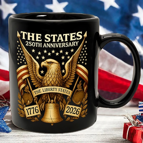 Tasse zum 250. Jahrestag der Vereinigten Staaten, Weihnachtsgeschenk, Tasse mit patriotischer Kappe, 325 ml Keramik-Kaffeetasse, Weißkopfseeadler, patriotische Retro-Tasse mit amerikanischer Flagge Image