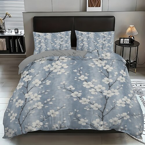3-teiliges Daunenbettbezug-Set mit frischem Kirschblüten-Blumenmuster für Queensize-Betten, weicher Bettbezug mit 2 Kissenbezügen – Hotel Gästezimmerbettwäsche, gemütlich komfortabel Image