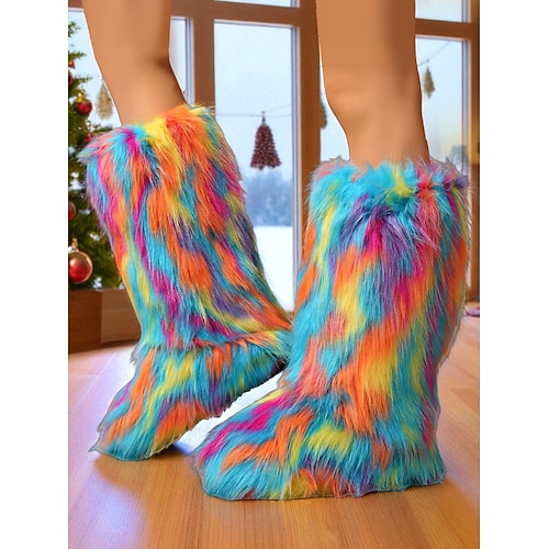 Mehrfarbige Festivalstiefel aus Kunstfell für Damen, flauschige kniehohe Schneestiefel in Regenbogenfarben für Rave und Party Wintermusikfestivals Image