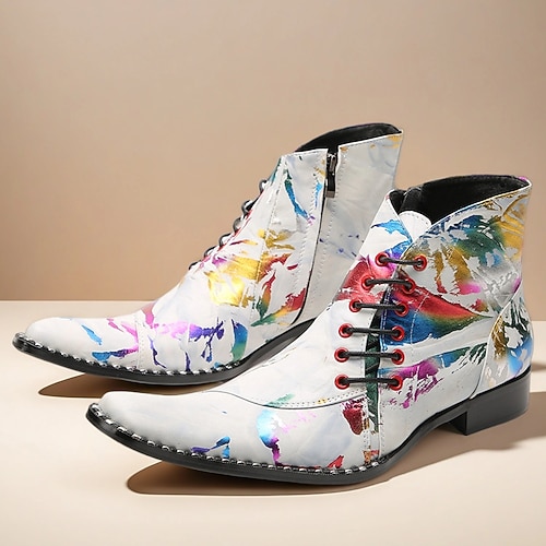 Herren-Stiefeletten aus weißem Paint-Splash-Leder mit Schnürung vorne und spitzer Zehenpartie, künstlerischer Rindsleder-Modestiefel für Bühne, Clubs und Partys Image