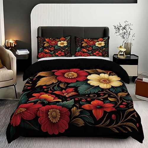 3-teiliges Daunenbettbezug-Set mit Retro-3D-Blumendruck für Queensize-Betten, weicher, kurzer Plüsch-Bettbezug mit 2 Kissenbezügen – gemütliche Bettwäsche für Hotelzimmer komfortabel Image