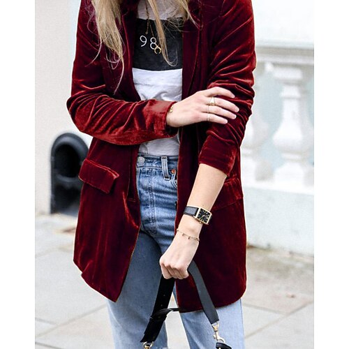 Damen Blazer Samtblazer Bequem Tasche Mode Einfach Party Party / Abend Regulär Umlegekragen Normale Passform Langarm Oberbekleidung Blau Schwarz Wein Herbst Winter Image