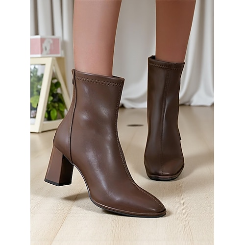 Cremefarbene Damen-Stiefeletten aus Kunstleder mit quadratischer Zehenpartie, elegante Stiefeletten mit Blockabsatz und Reißverschluss für Bürokleidung, Partys und Herbst-Outfits Image
