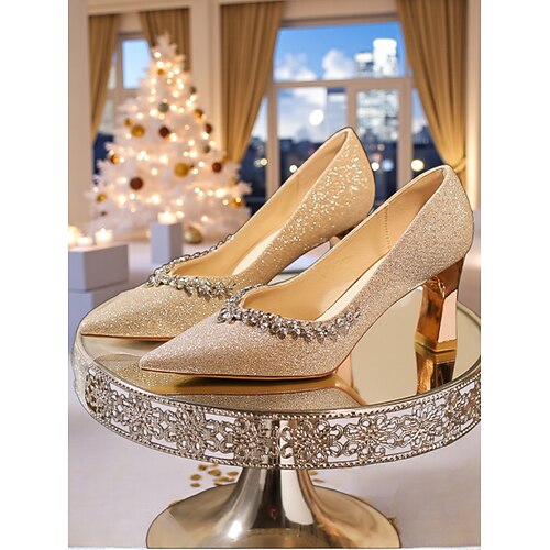 Damen-Pumps mit goldenem Glitzer und spitzer Spitze und Strassbesatz, elegante Pumps mit mittlerem Absatz für formelle Anlässe, Cocktailpartys Abendveranstaltungen Image