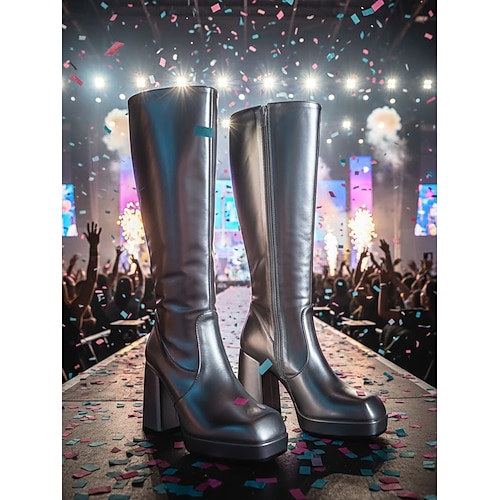 Damen-Stiefel mit kniehohen Plateau-Stiefeln in Silber-Metallic, 80er-Jahre-Disko-Retro-Go-Go-Stiefel mit Blockabsatz für K-Pop-Bühne und Partys Konzertauftritte Image