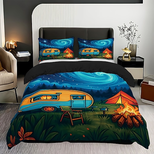 Sternenhimmel-Lagerfeuer-Campingauto, 3-teiliges Daunenbettbezug-Set für Queensize-Bett, weicher Bettbezug mit 2 Kissenbezügen – Luxusbettwäsche für Hotelschlafzimmer, gemütlich komfortabel Image