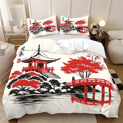 3-teiliges Daunenbettbezug-Set mit chinesischer Tuschemalerei für Queensize-Betten, weicher Bettbezug mit 2 Kissenbezügen – Hotel Gästezimmerbettwäsche, gemütlich komfortabel Image