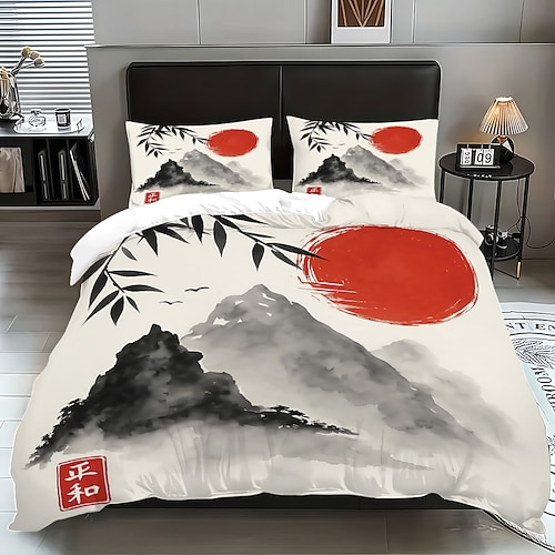 3-teiliges Daunenbettbezug-Set mit chinesischer Tuschemalerei für Queensize-Betten, weicher Bettbezug mit 2 Kissenbezügen – Hotel Gästezimmerbettwäsche, gemütlich komfortabel Image