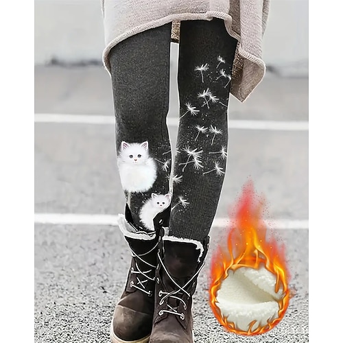 Damen Leggings Gemütliche Leggings Mode Streetwear Basic Volle Länge Hohe TaillePantsWeihnachten Grafik Katze Drucken Fleece Thermowarm Bequem Dehnbar Outdoor Alltagstauglich Schwarz Herbst Winter Image