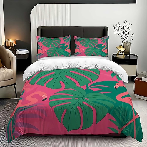 3-teiliges Daunenbettbezug-Set mit braunem Tung-Blatt-Flamingo für Queensize-Betten, weicher Bettbezug mit 2 Kissenbezügen – Hotel Gästezimmerbettwäsche, gemütlich komfortabel Image