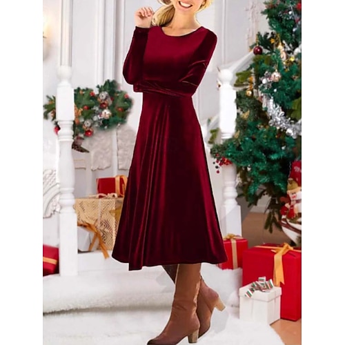 Damen Samt Midi Kleid Schößchen Kleid A-Linie Kleid Fit And Flare Kleid Elegant Party Boho Outdoor Party Täglich Einfarbig Langarm Rundhals Schwarz Rot Grün Frühling Herbst Winter Image