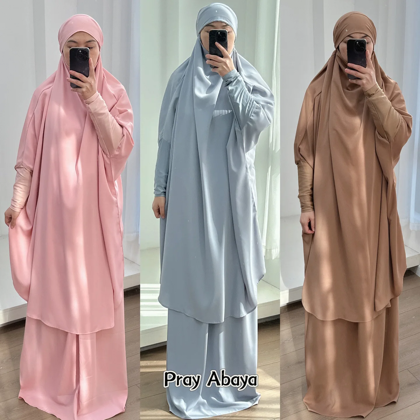 2-teiliges Set mit Kapuze, Abayas und Rock für muslimische Frauen, Hijab-Kleider, Eid Ramadam, Gebetskleidungsstück, islamische Kleidung, Rosa, Schwarz Image