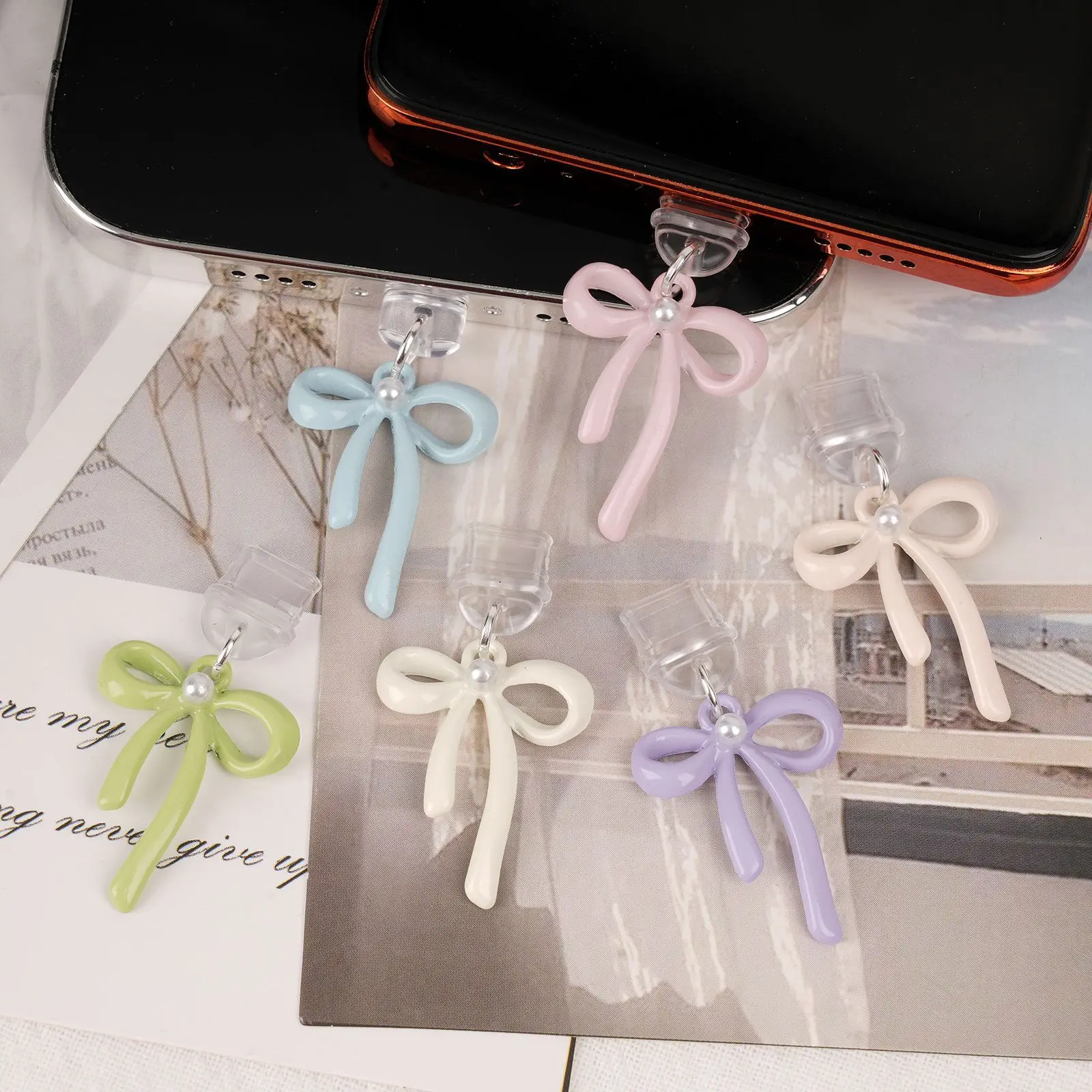 Mobile Phone Dust Plug Beautiful Bow Hanging Ornament Mobile Phone Accessories Decoration For IPhone For Samsung Type-C Bowknot
