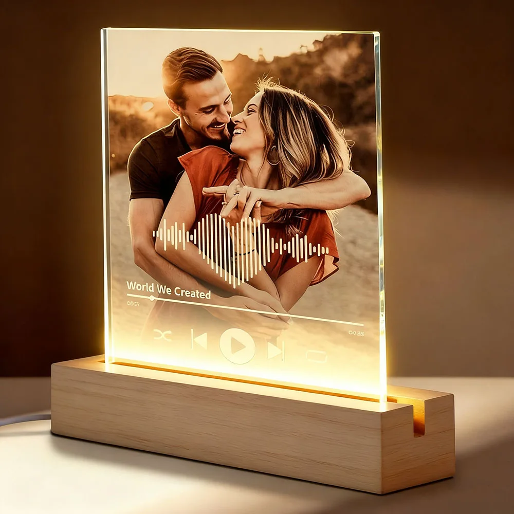 Custom Photo Personalized Song Acrylic Plaque Wooden Base Special Anniversary Gift for Him Ideal Birthday Wedding Christmas Gift