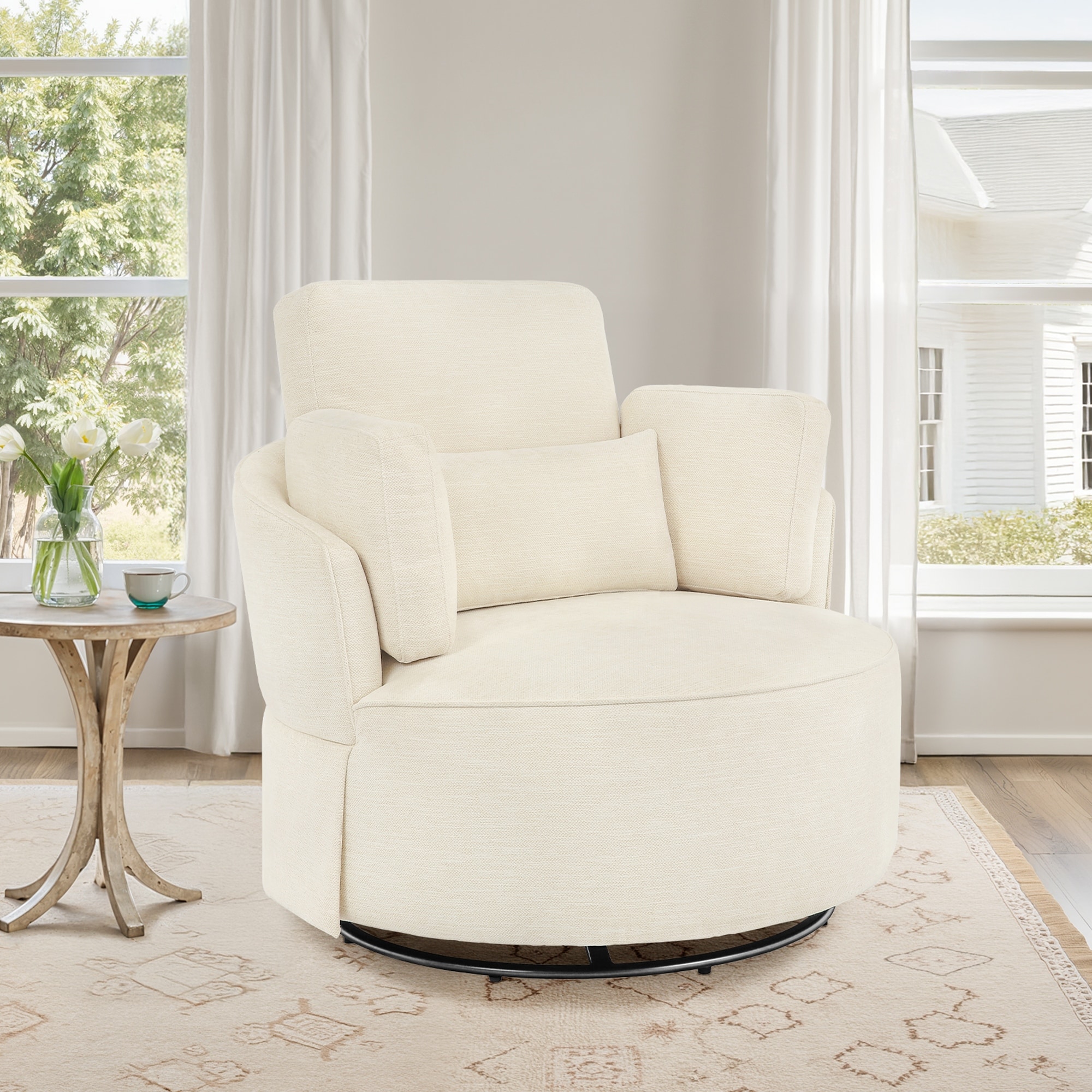 Modern Upholstered Swivel Accent Chair Round Chair with Pillows Single Sofa Chair Chenille Armchair for Living Room