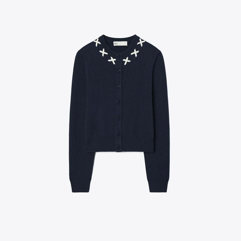 Embroidered Merino And Cashmere Cardigan - Blue - Tory Burch Knitwear