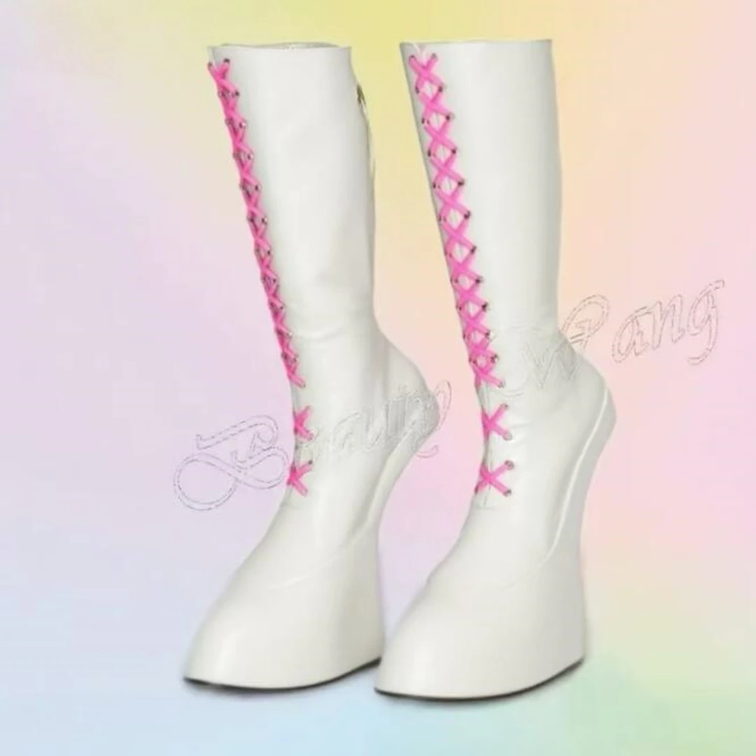 Weiß Rosa Pferd Beweis Stiefel Seltsame Stil Vorne Kreuz Gebunden Schuhe für Frauen High Heel Sexy Party Schuhe Neue Zapatos Para Mujere