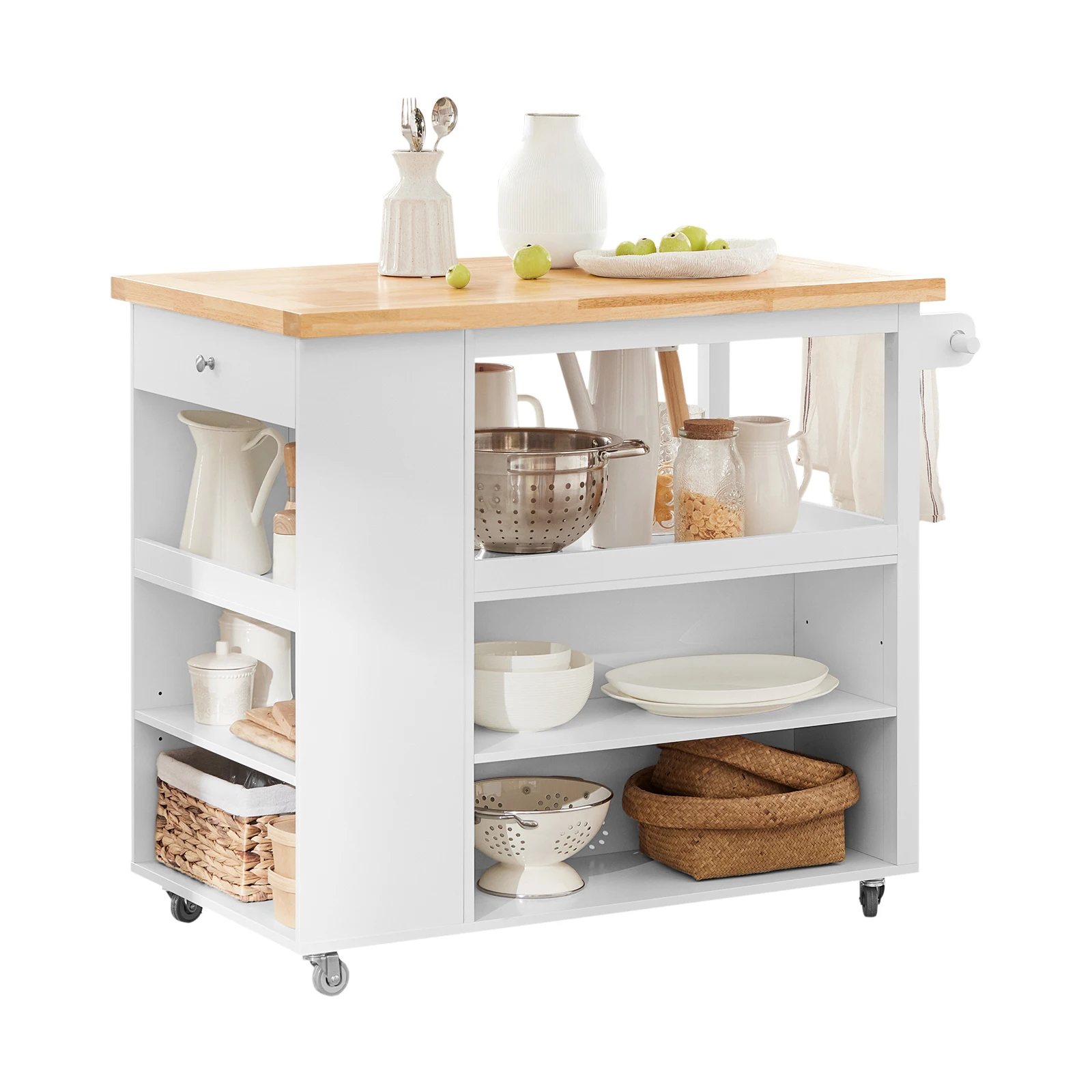 SoBuy FKW97-WN Servierwagen mit Arbeitsplatte, Rollwagen Küche, freistehende Kücheninsel mit Schubladen Weiß-Natur 108x90x60