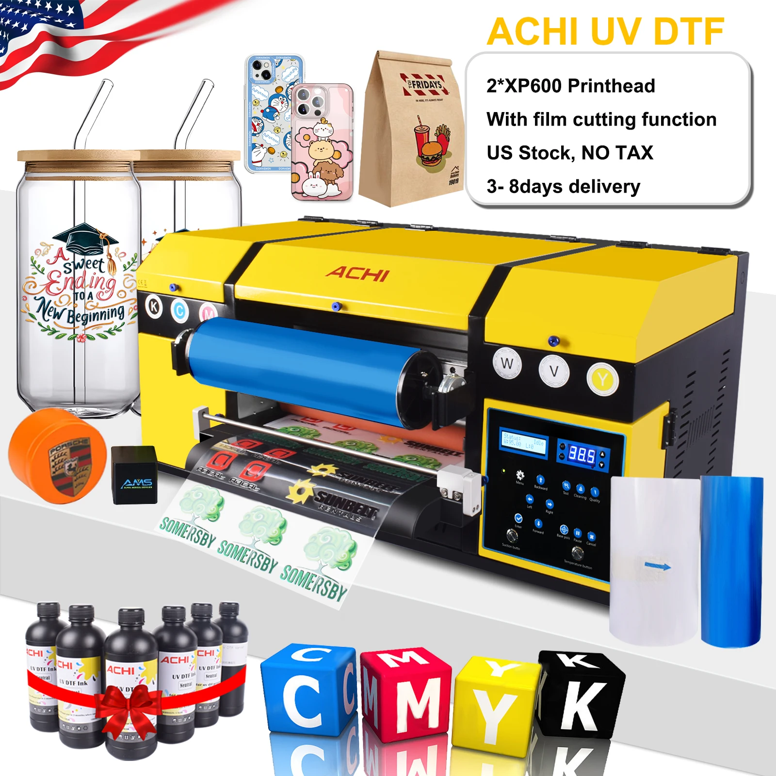 US Stock ACHI A3 UV DTF-Drucker, wasserdicht, staubdicht, Laminieren, Gleiten, 2-in-1-Aufkleber, UV-DTF-Drucker für Holz, Glas, Stoff Image