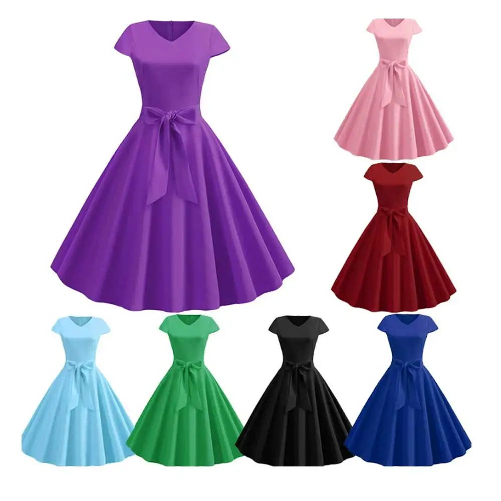 Hepburn Style 50s Vintage Solid Color Bowknot Waist Cinching Swing Dress Women Summer Short Sleeve Elegant A-Line Dresses