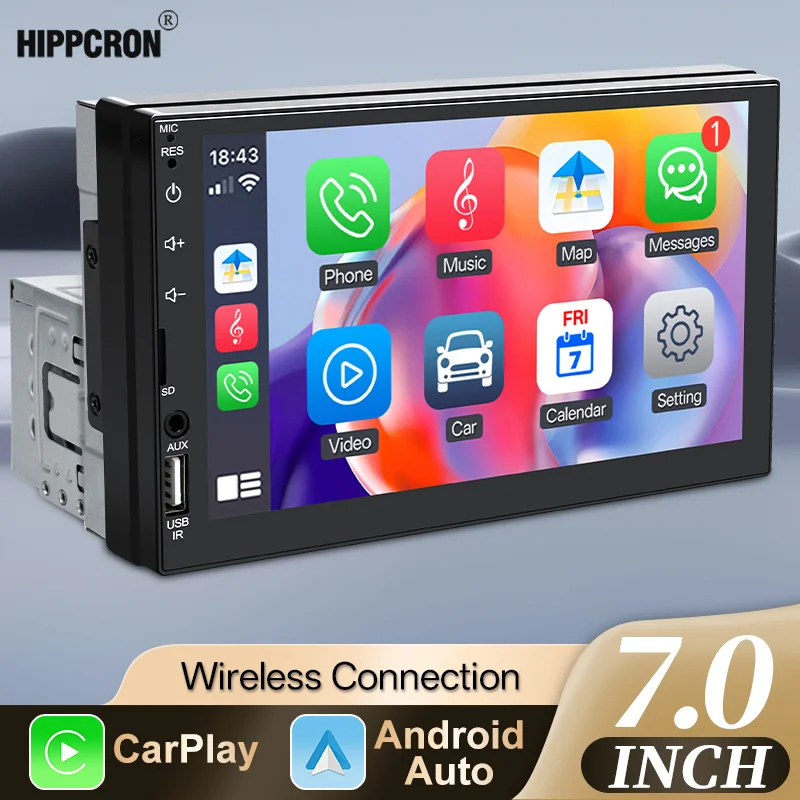 Hippcron 7 "Wireless Carplay Android Auto HD Touchscreen Auto Radio 1Din Multimedia MP5 Auto Player USB FM Bluetooth spiegel Link Image