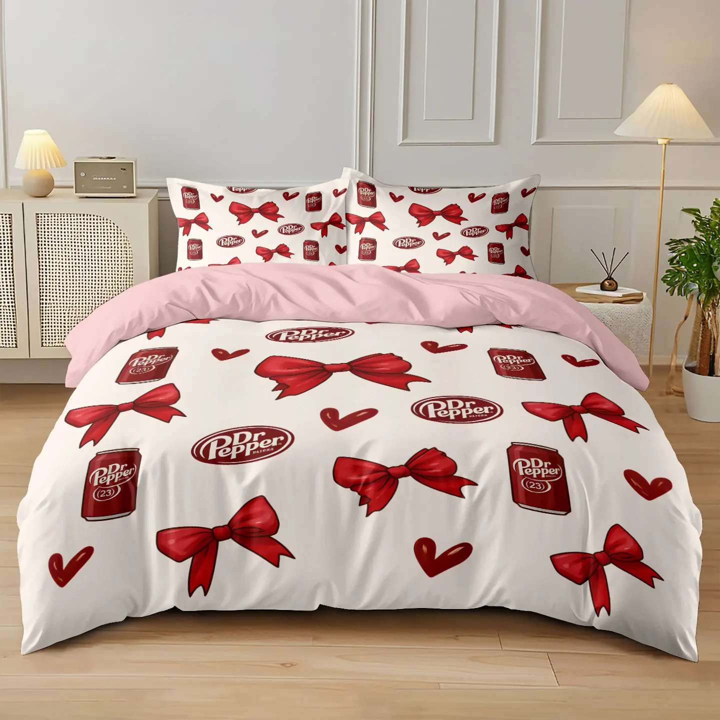 3-teiliges Decken-Set mit rosa Schleife, bedruckt, kernlos, Bettwäsche-Dekoration für Schlafzimmer und Schlafsaal in mehreren Größen, weich und maschinenwaschbar Image