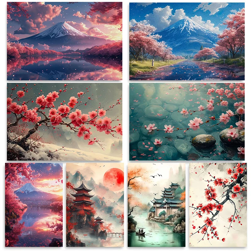 Japan Kirschblüten Sonnenaufgang Landschaft Mount Fuji Wand Kunst Leinwand Malerei Schlafzimmer Innen Gemälde Für Wohnzimmer Home Dezember Image