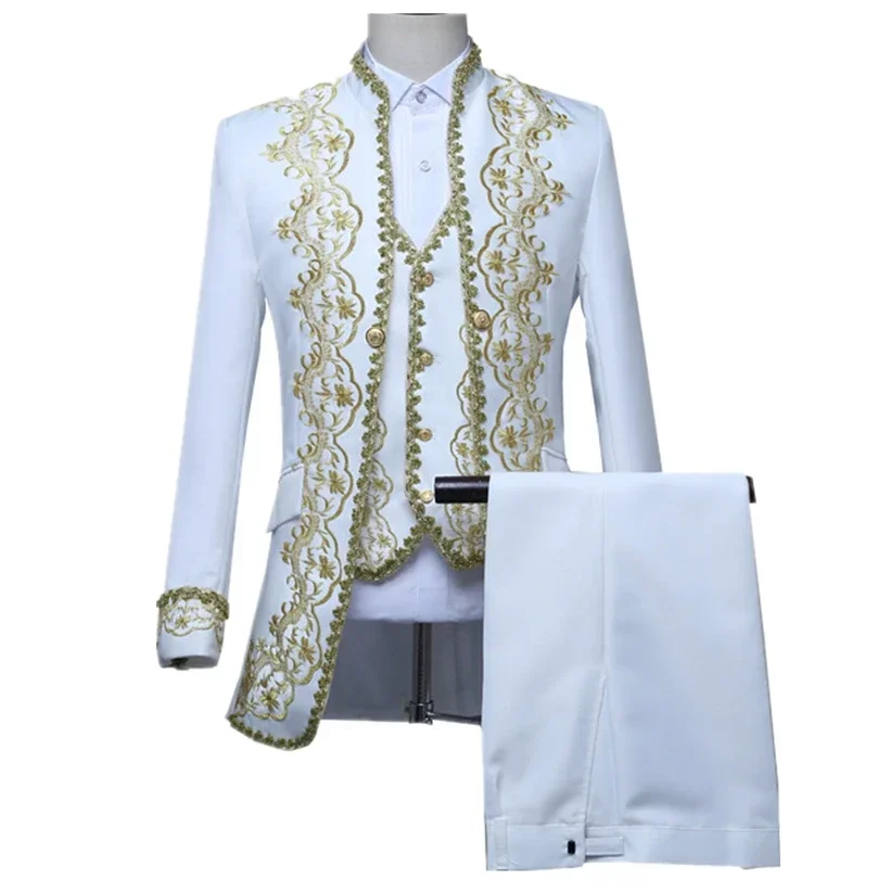 Weißer europäischer Gold-Vintage-Smoking-Herrenanzug, 3-teiliges Set, Opern-/Bühnen-/Performance-Kostüm, asiatische Größe S, M, L, XXL, 3XL, 4XL