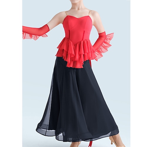 abito da ballo da sala da donna, set per prove di tango latino, top arricciato e gonna fluida in chiffon, elegante completo in due pezzi – rosso nero