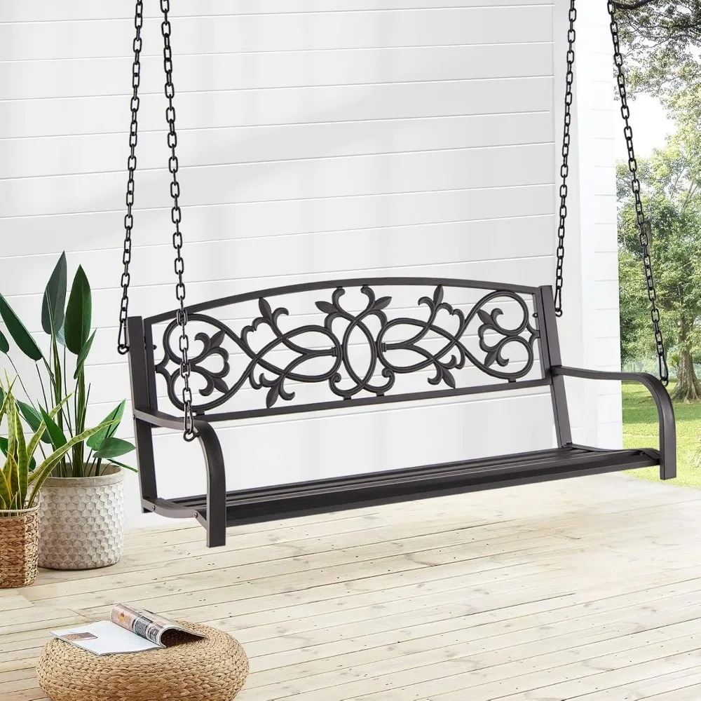 Patio Metal Porch Swing, 2-Person Hanging Porch Swing Bench with Sturdy Chains & Retro Pattern Backrest